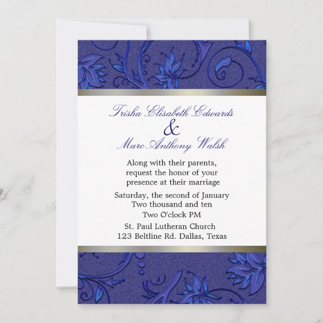 Invitación Boda Damasco Azul Fleur (Anverso)