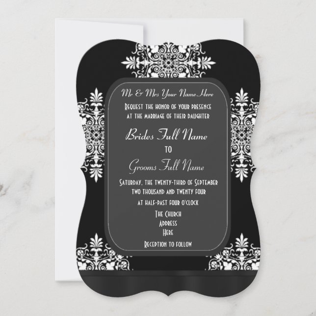 Invitación Boda damasco blanco y negro (Anverso)