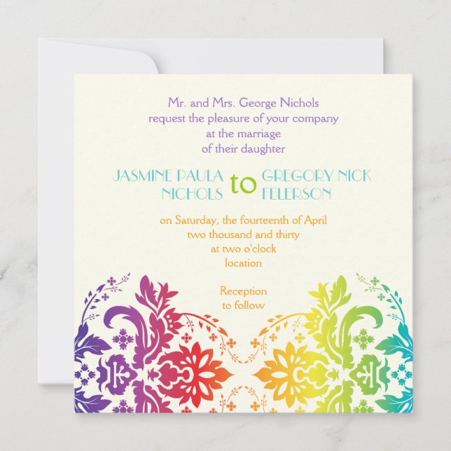 Invitación Boda damasco con colores arcoiris (Anverso)