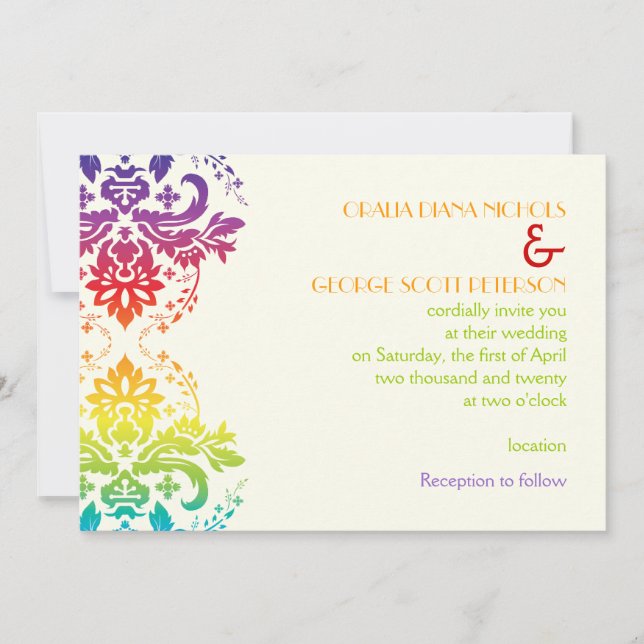 Invitación Boda damasco con colores arcoiris (Anverso)