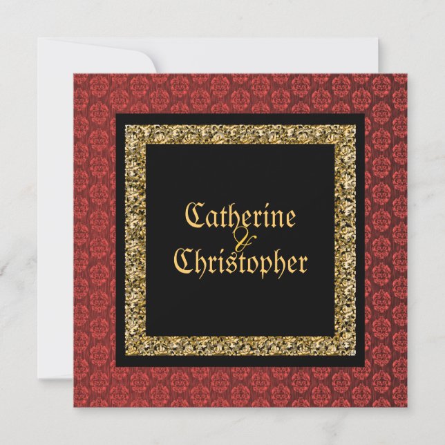 Invitación Boda damasco de oro negro rojo (Anverso)