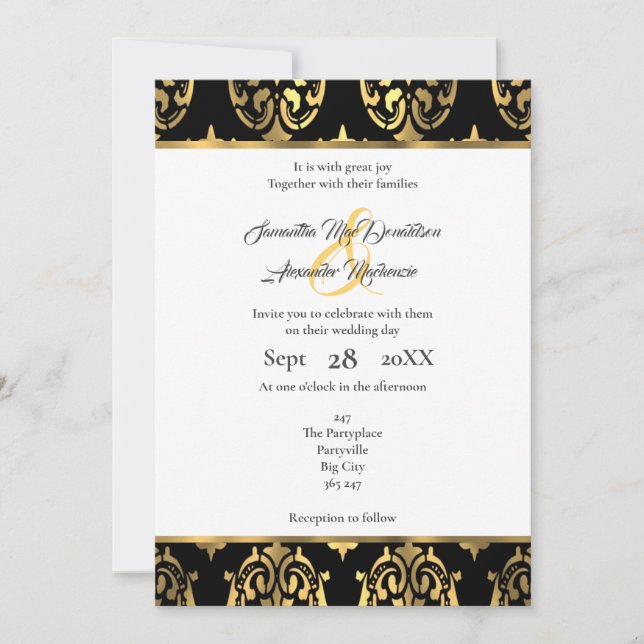 Invitación Boda damasco de oro y negro (Anverso)