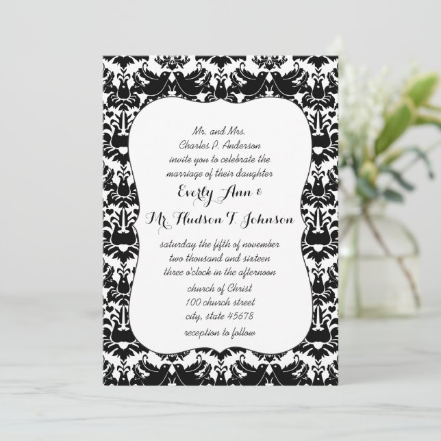 Invitación Boda Damasco de Pájaros de Amor Negros (Anverso de pie)