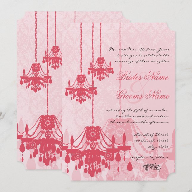 Invitación Boda Damask con araña rosa de helado de fresa (Anverso / Reverso)