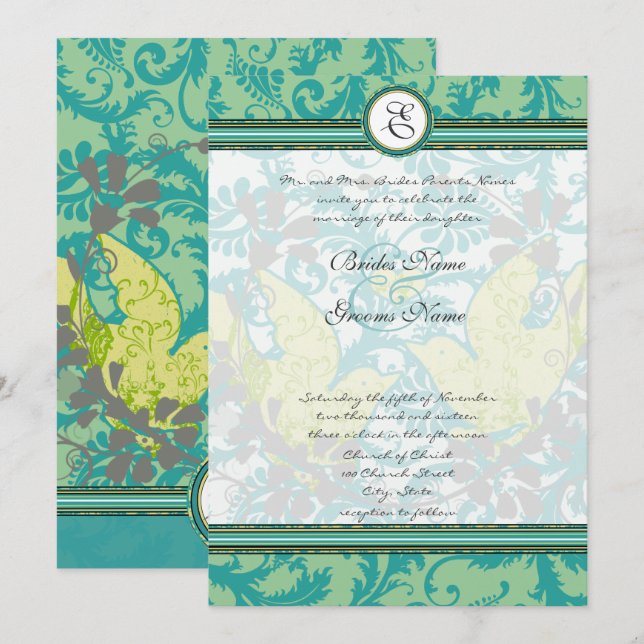 Invitación Boda Damask de aves de amor venecianas de laguna (Anverso / Reverso)