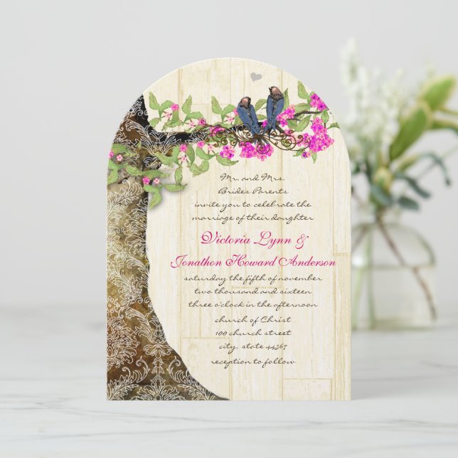 Invitación Boda Damask de Birdjage Pájaros de la Marina Rosa (Anverso de pie)