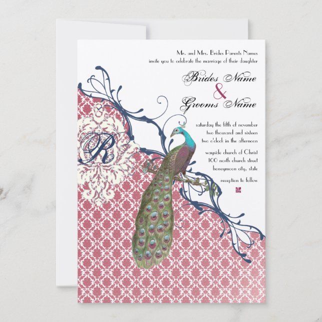 Invitación Boda Damask de frambuesa profunda marina de pájaro (Anverso)