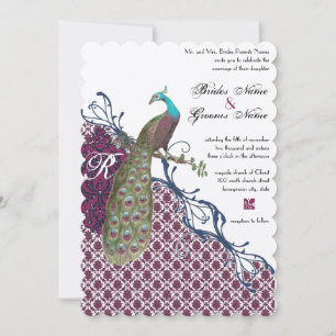 Invitación Boda Damask de frambuesa profunda marina de pájaro