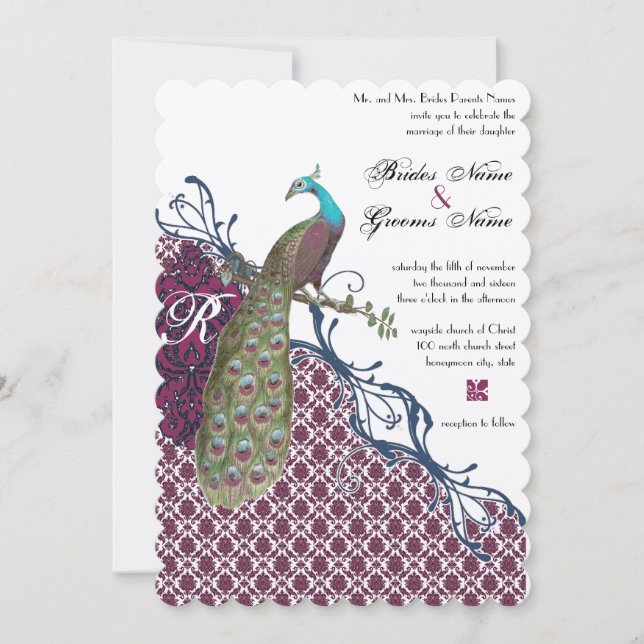Invitación Boda Damask de frambuesa profunda marina de pájaro (Anverso)