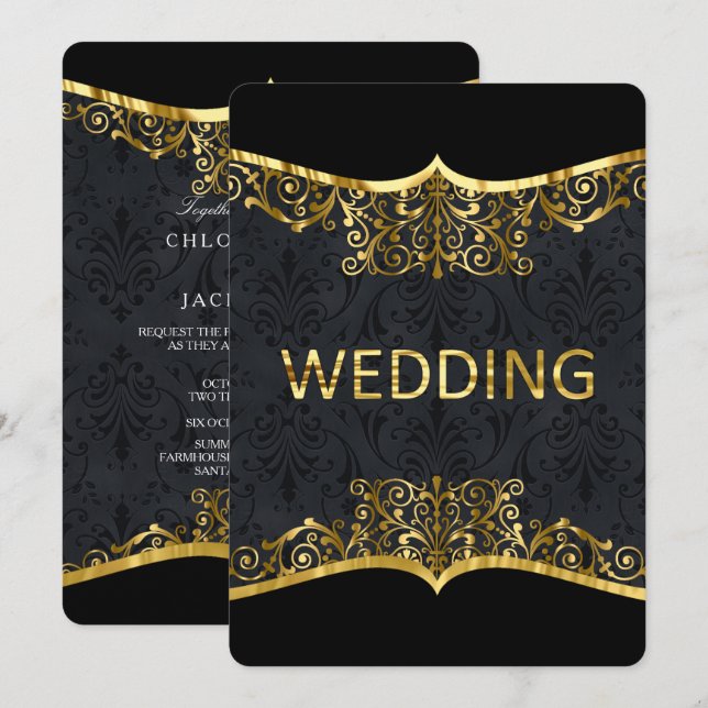 Invitación Boda Damask de oro negro elegante frente de invita (Anverso / Reverso)