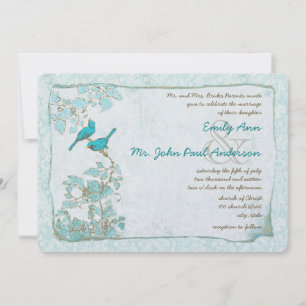 Invitación Boda Damask de pájaros azul turquesa vintage