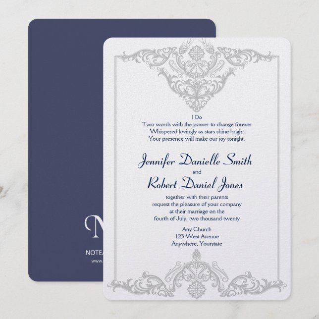 Invitación Boda Damask de plata blanca y marina (Anverso / Reverso)