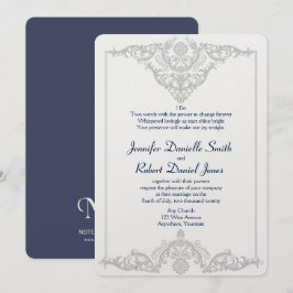 Invitación Boda Damask de plata blanca y marina