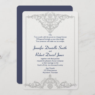 Invitación Boda Damask de plata blanca y marina