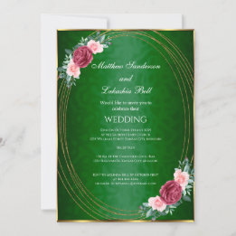 Invitación Boda Dark Green Gold Pink Red Flowers Classic