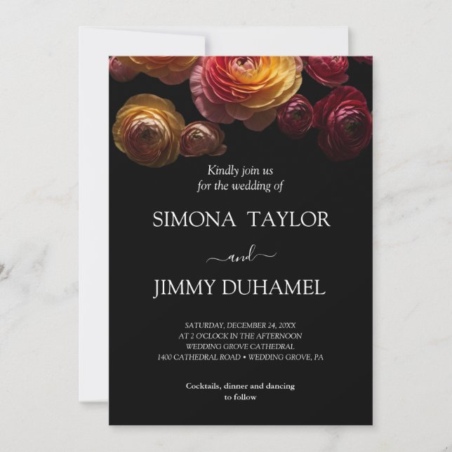 Invitación Boda Dark Moody Floral Ranunculus (Anverso)