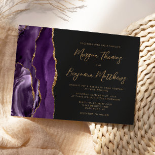 Invitación Boda Dark Script Agate Oro Púrpura