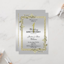 Invitación Boda de 1er aniversario Oro Gem, Brillo y Plata