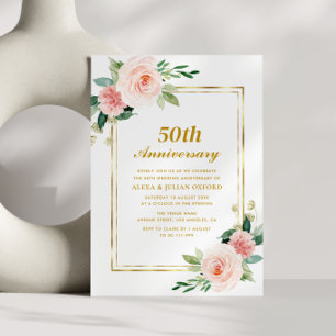 Invitación boda de 50 años del marco dorado floral rosa