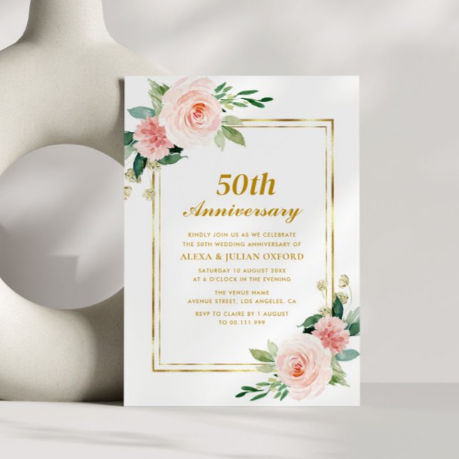 Invitación boda de 50 años del marco dorado floral rosa (Subido por el creador)