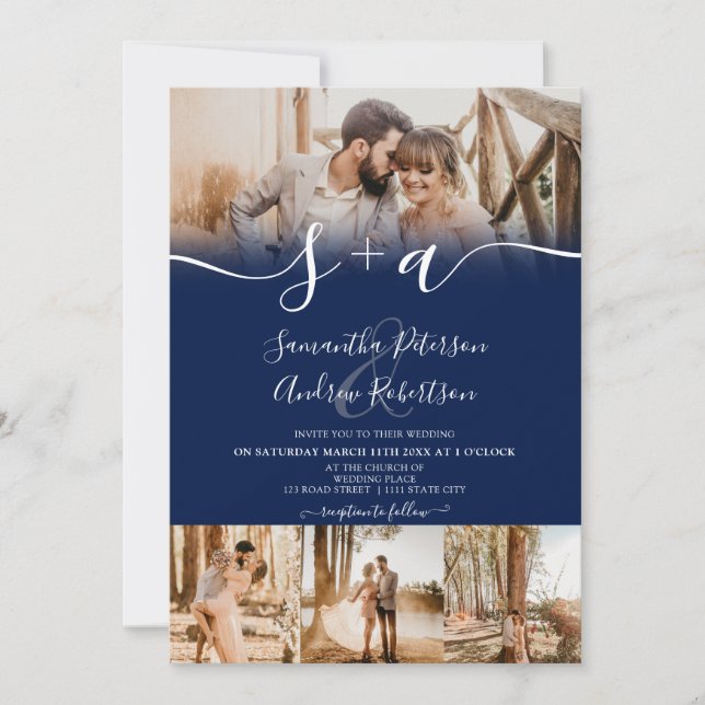 Invitación Boda de 5 fotos con iniciales azul marino moderno (Anverso)