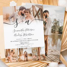 Invitación Boda de 5 fotos con iniciales en blanco moderno