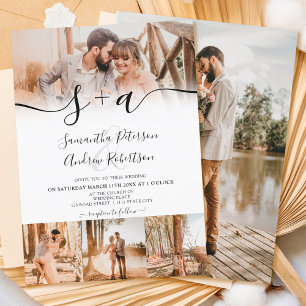 Invitación Boda de 5 fotos con iniciales en blanco moderno