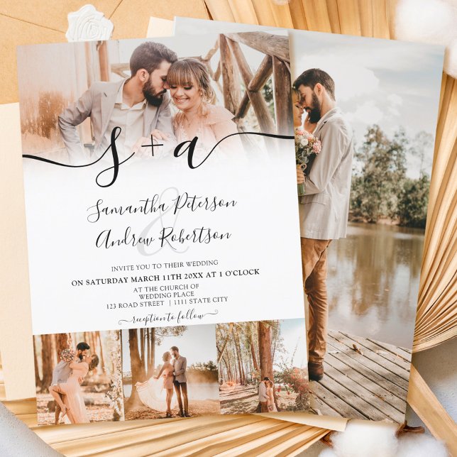 Invitación Boda de 5 fotos con iniciales en blanco moderno (Subido por el creador)