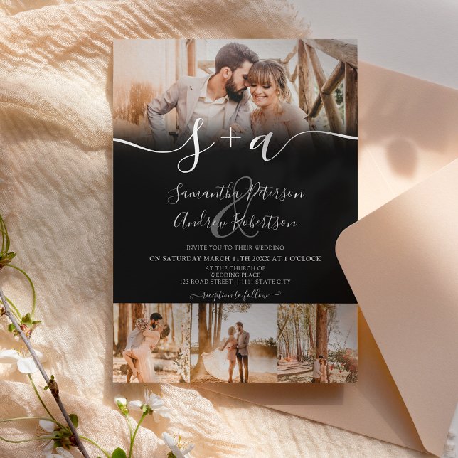 Invitación Boda de 5 fotos con iniciales en negro moderno (Subido por el creador)
