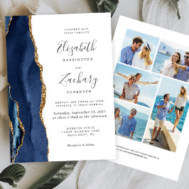 Invitación boda de 5 fotos de la Marina Blue Gold Agate