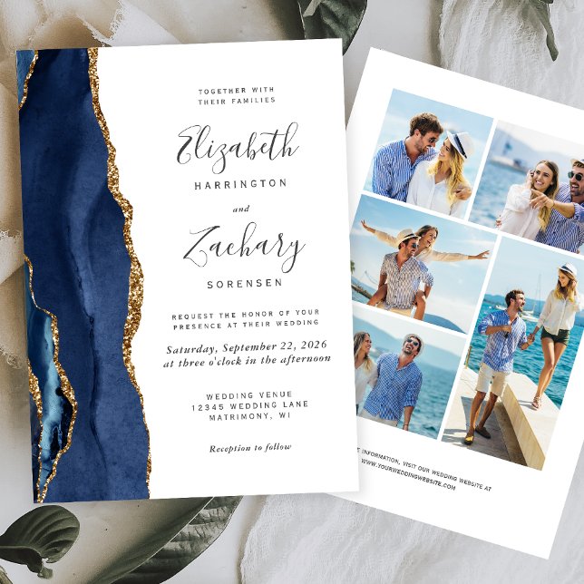 Invitación boda de 5 fotos de la Marina Blue Gold Agate (Subido por el creador)