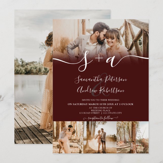 Invitación Boda de 5 fotos de las iniciales rojas modernas (Anverso / Reverso)