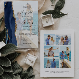 Invitación boda de 6 fotos de la Marina Blue Gold Agate