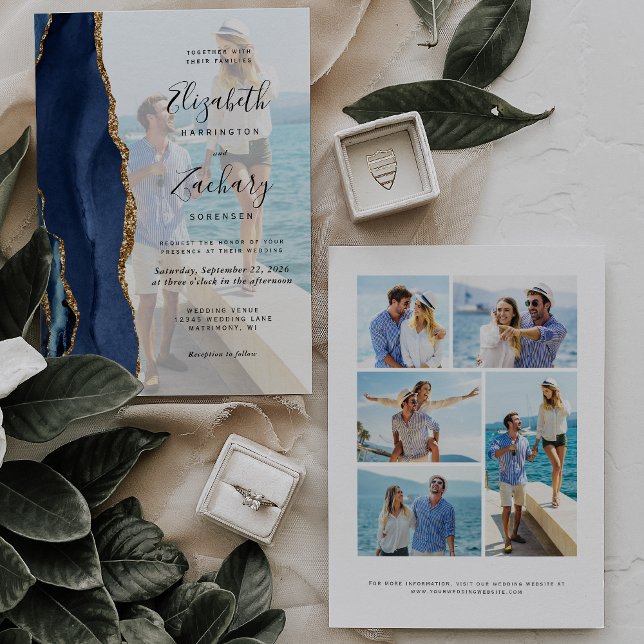 Invitación boda de 6 fotos de la Marina Blue Gold Agate (Subido por el creador)