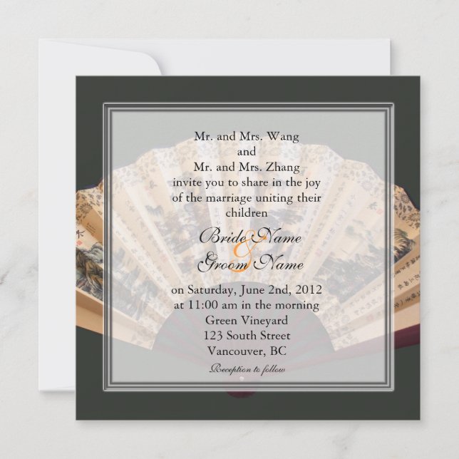 Invitación Boda de abanico de seda y bambú chino (Anverso)