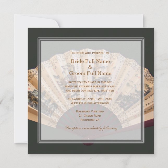 Invitación Boda de abanico de seda y bambú chino (Anverso)