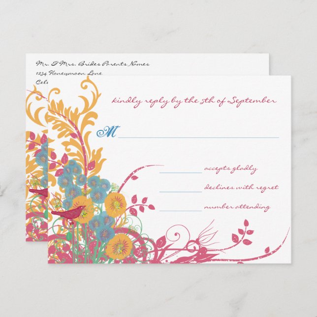 Invitación Boda de Abejas Aqua Frambuesa Flor Silvestre Pájar (Anverso / Reverso)