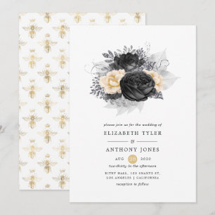 Invitación Boda de abejas florales de color negro y oro de ép