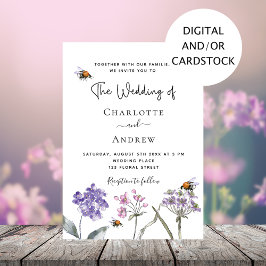 Invitación Boda de abejas rosa morado con flores silvestres
