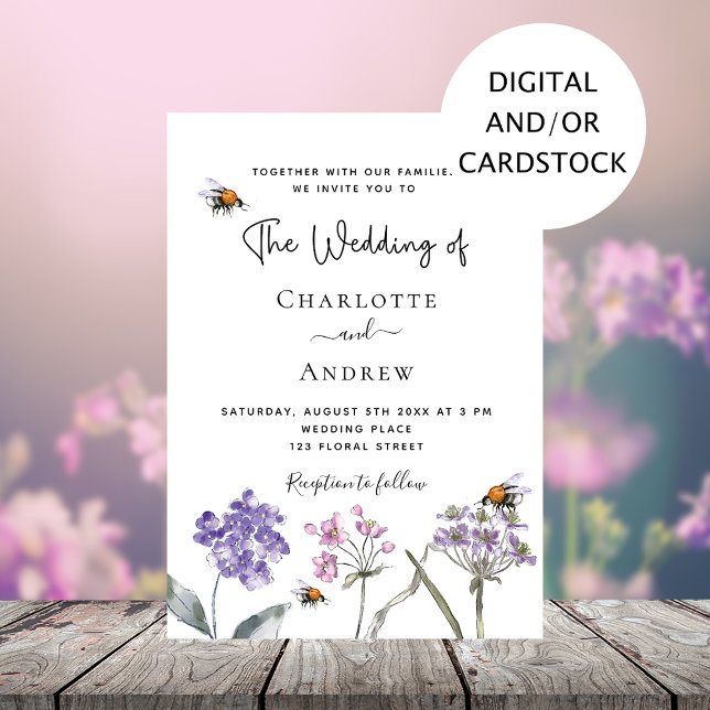 Invitación Boda de abejas rosa morado con flores silvestres (Subido por el creador)