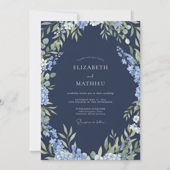 Invitación Boda de Abrazo Botánico Azul Marino (Anverso)