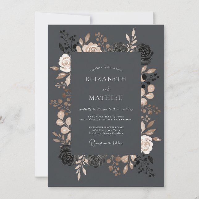Invitación Boda de Abrazo Floral de Carbón (Anverso)