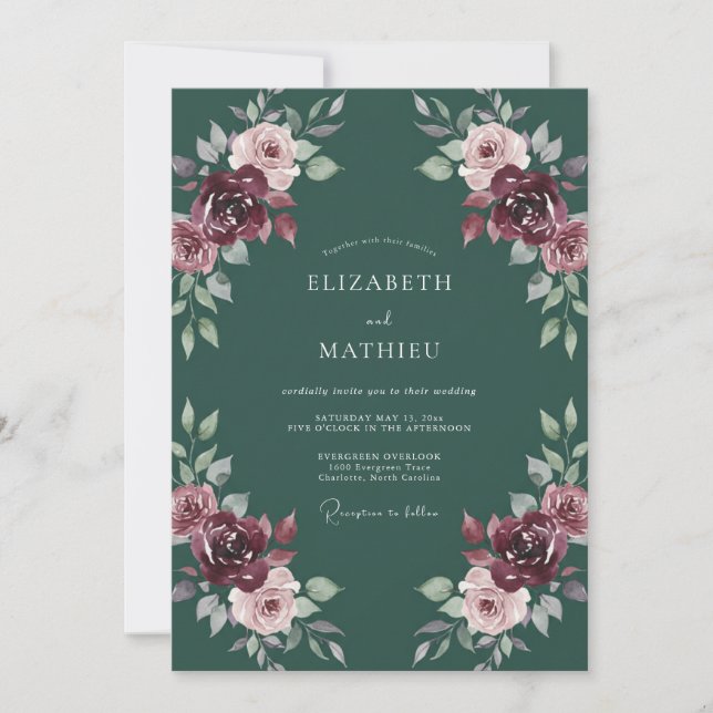 Invitación Boda de Abrazo Floral Romántico Verde Profundo (Anverso)