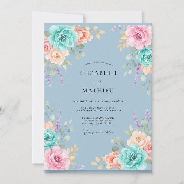 Invitación Boda de Abrazo Floral Suave Verde Teal (Anverso)