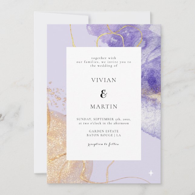 Invitación Boda de abstracto de oro y púrpura de lujo (Anverso)