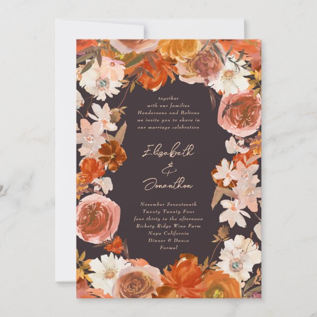 Invitación Boda de Abundancia de Crema Floral de Medianoche (Anverso)
