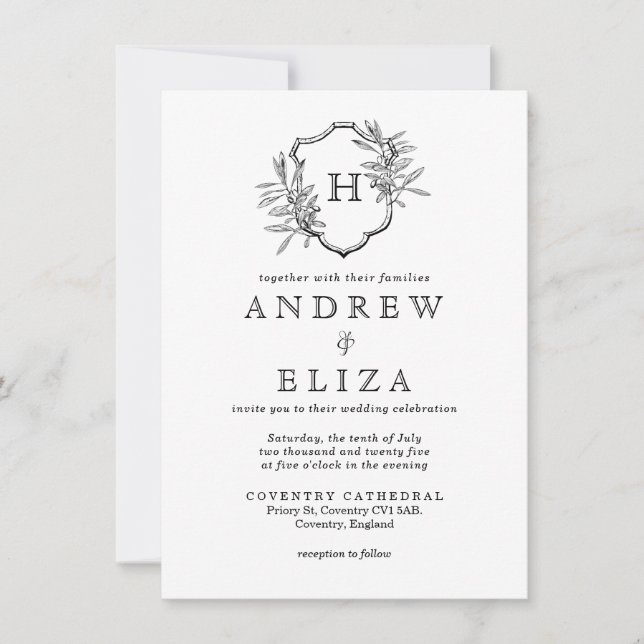 Invitación Boda de aceitunas de monograma blanco y negro vint (Anverso)