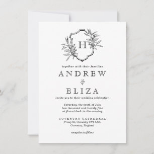 Invitación Boda de aceitunas de monograma blanco y negro vint