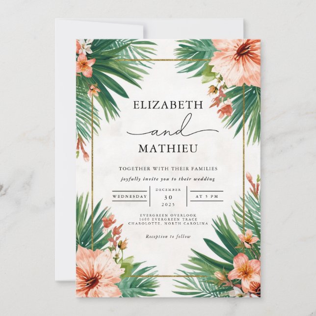 Invitación Boda de acento de arco floral tropical (Anverso)
