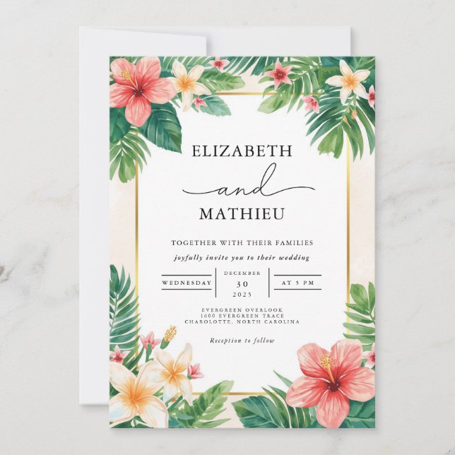 Invitación Boda de acento de flamante de la flor tropical (Anverso)